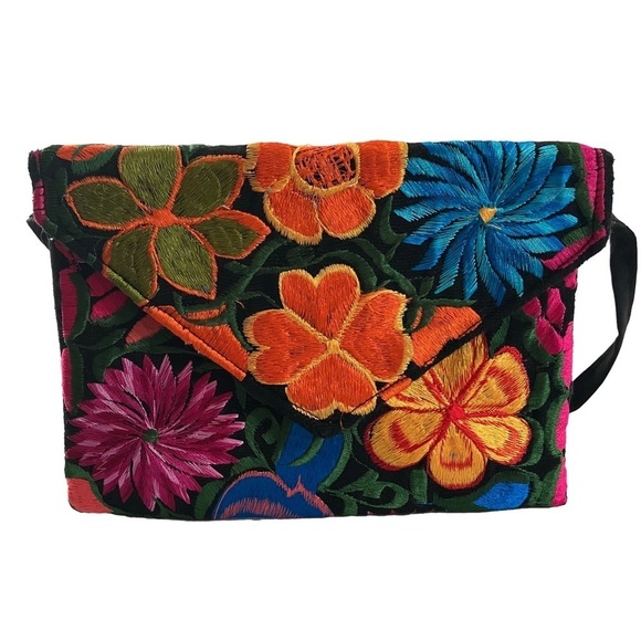 Handmade Handbags - Embroidered Handmade Bohemian Convertible Crossbody Clutch Colourful Floral